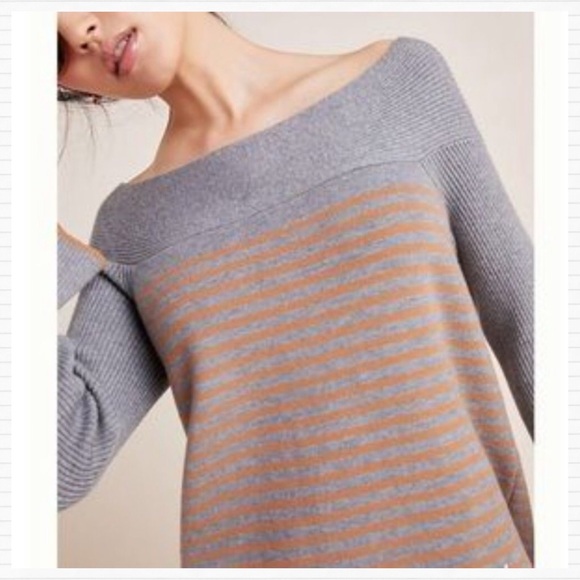 Anthropologie Gray Tan Stripe Off Shoulder Sweater - Picture 2 of 14